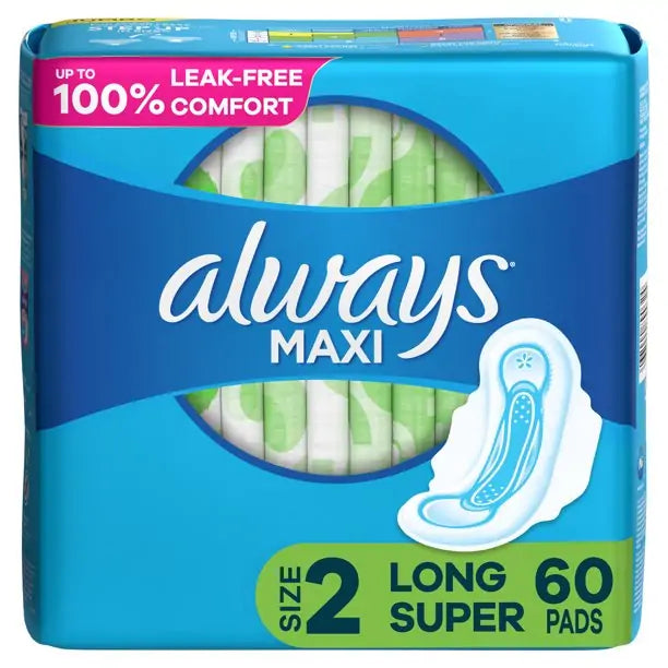 Always Maxi Daytime Pads with Wings, Size 2, Long, Unscented, 60 Ct