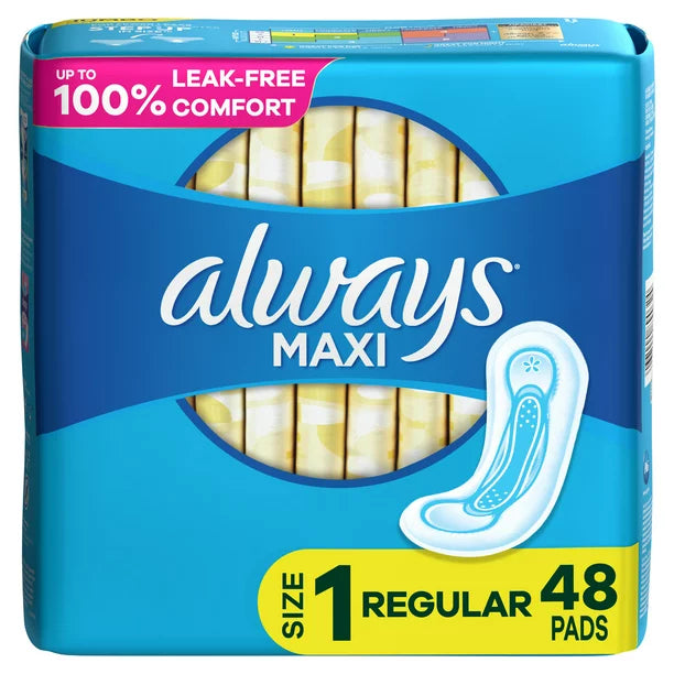 Always Maxi Daytime Pads without Wings, Size 1, Regular, Unscented, 48 Ct