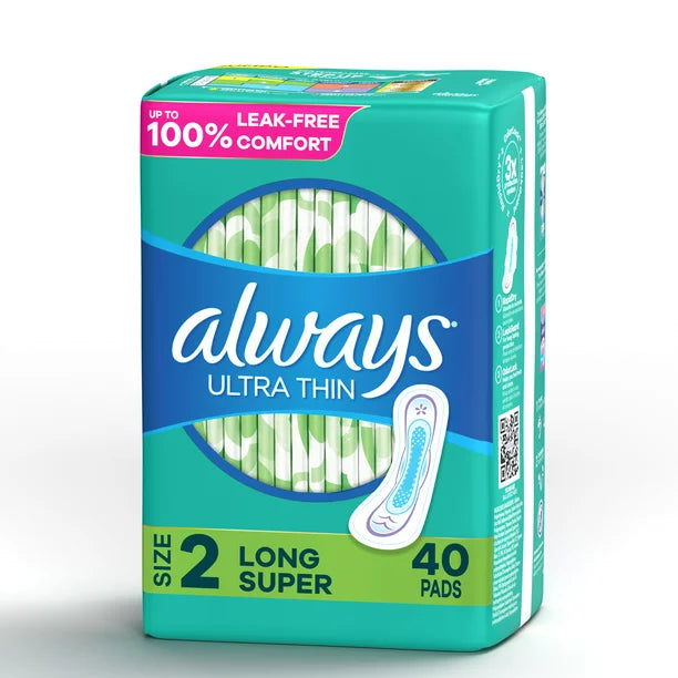 Always Ultra Thin Daytime Pads with Wings, Size 2, Long, 40 Ct