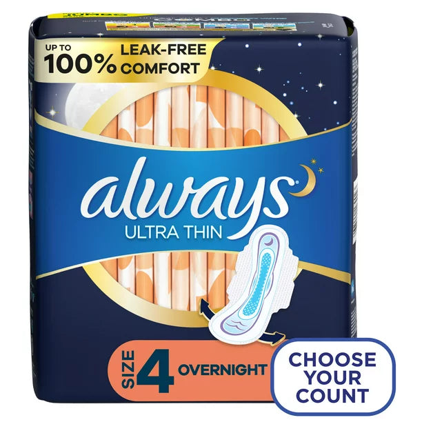 Always Ultra Thin Pads Size 4 Overnight Absorbency Unscented with Wings, 50 Count