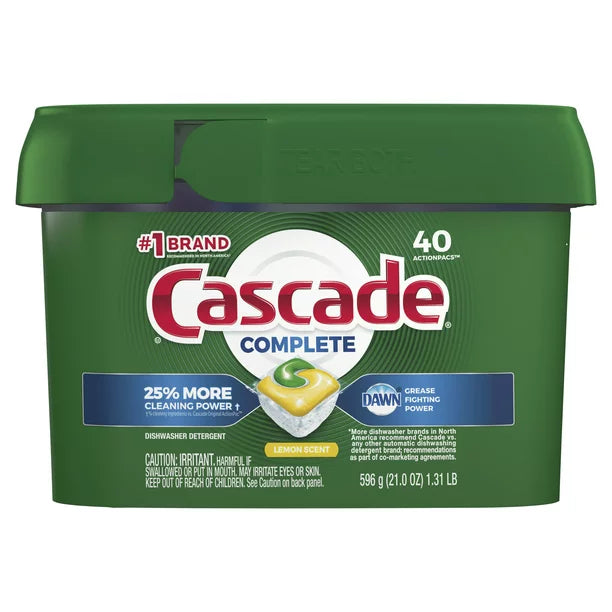 Cascade Complete ActionPacs Dishwasher Detergent, Lemon Scent, 40 Count