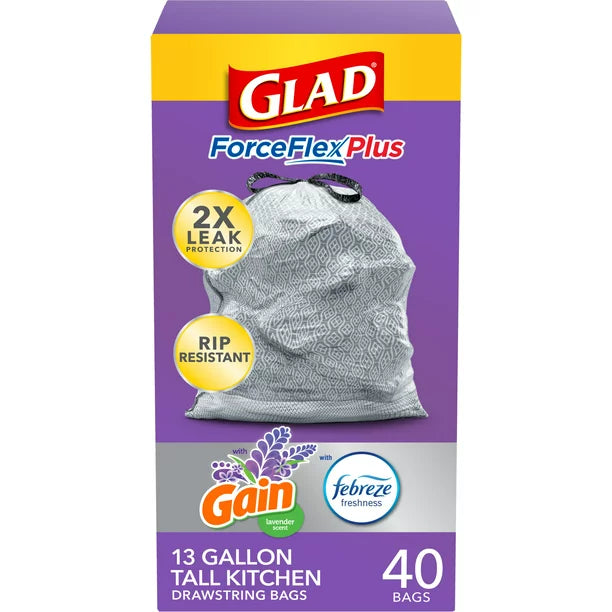 Glad ForceFlexPlus Tall Kitchen Trash Bags, 13 Gallon, Gain Lavender with Febreze, 40 Count