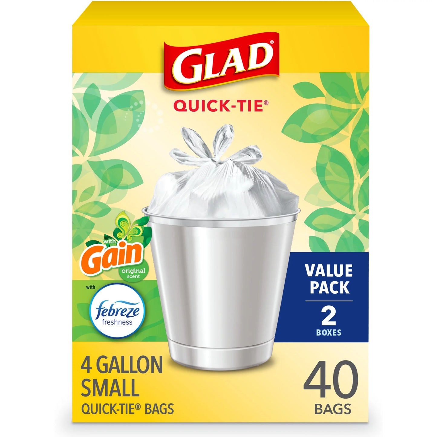 Glad Small Trash Bags, 4 Gallon, 40 Bags (Gain Original Scent, Febreze Freshness, Quick Tie)