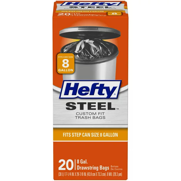 Hefty Steel Custom Fit G Size Drawstring Trash Bags, Black, Unscented, 8 Gallon, 20 Count