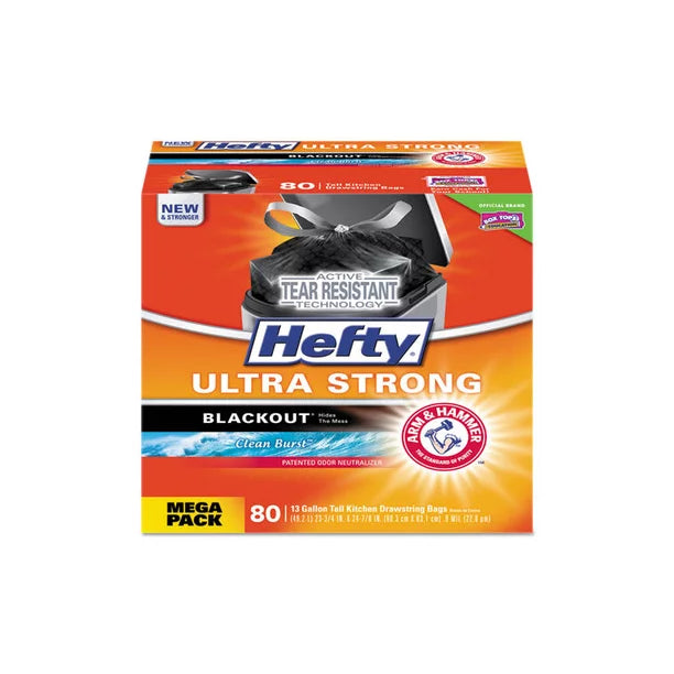Hefty Ultra Strong Tall Kitchen Trash Bags, Clean Burst Scent, 13 Gallon, 80 Count