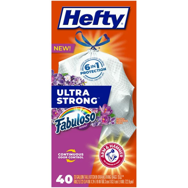 Hefty Ultra Strong Tall Kitchen Trash Bags, Fabuloso Scent, 13 Gallon, 40 Count