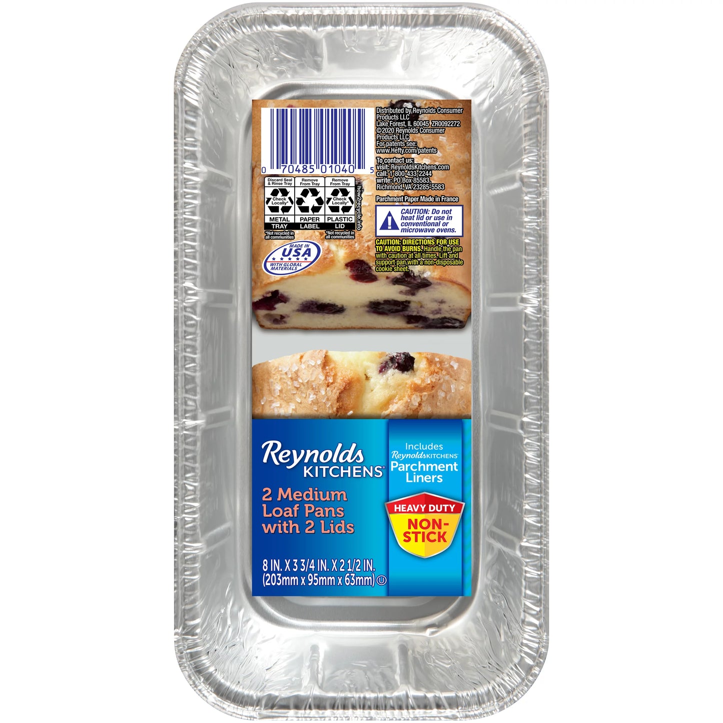 Reynolds Kitchens Medium Size Loaf Pans with Lids, 8 x 4 Inch, 2 Count